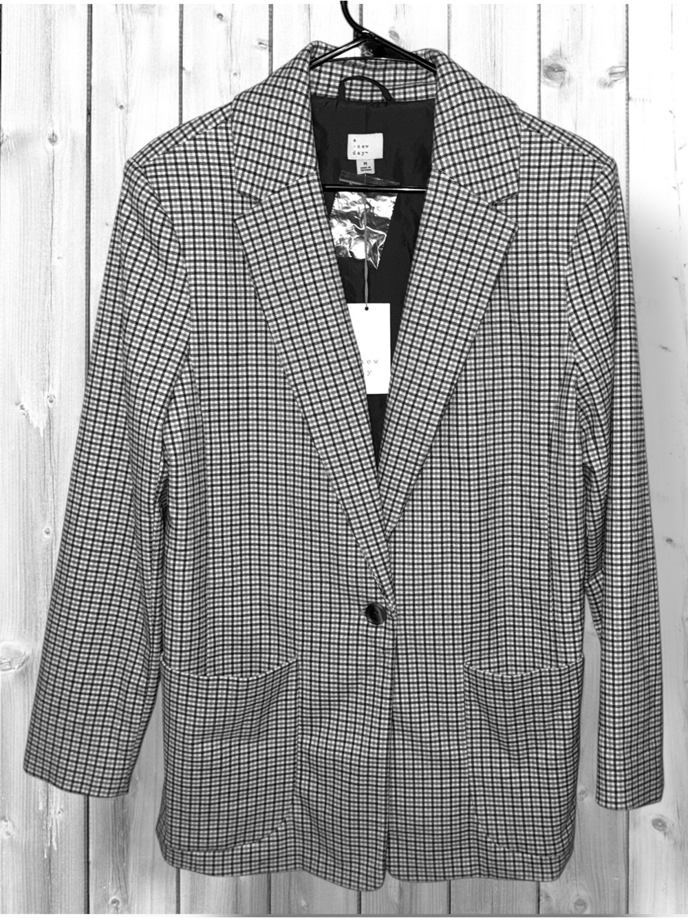 🌼NWT-A NEW DAY PLAID SINGLE BUTTON POCKETS BLAZER-BLACK BLUE GRAY WHITE